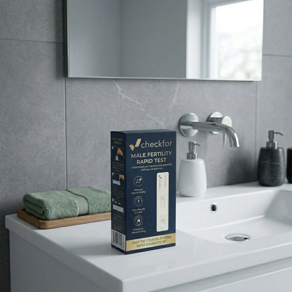 CheckFor Male Fertility home test kit and cassette.